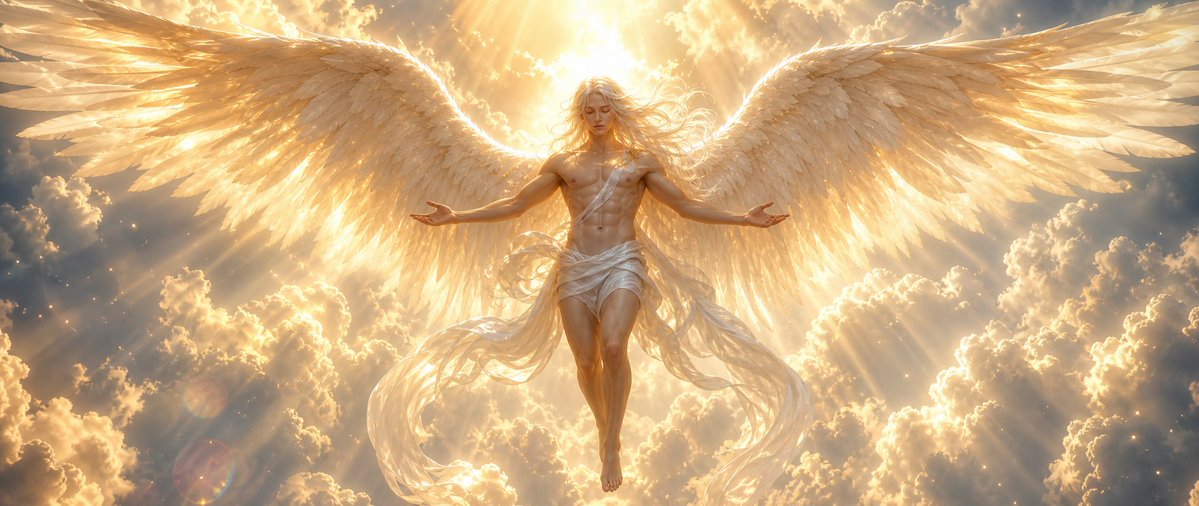 Radiant Angel in Golden Clouds Qwen Image prompt example: Generates an epic cinematic heavenly angel scene with vast glowing wings, divine sunlight, and dramatic clouds for...