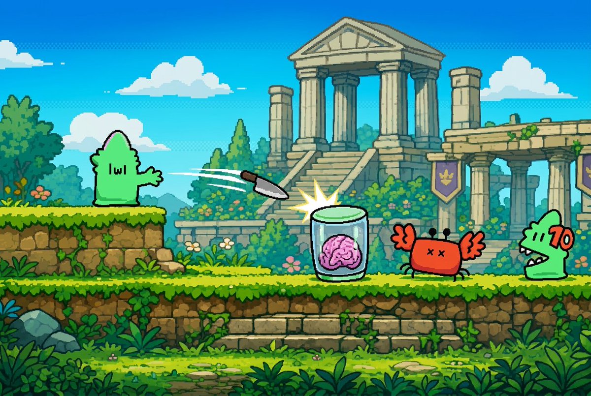 Graffiti Creature Pixel Platformer 的 Qwen Image 提示词示例图:Transforms a reference graffiti character into a retro pixel-art platform game scene with ruins, enemies, and action effects.