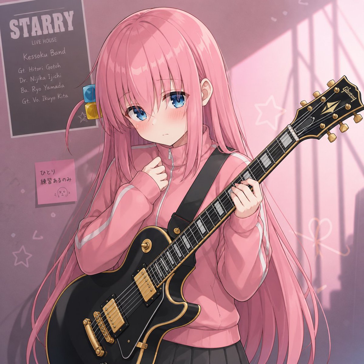 Shy Pink-Haired Guitarist Anime Portrait Qwen Image prompt example: Generates a soft anime portrait of a nervous pink-haired guitarist in a sunlit rehearsal room, ideal for...