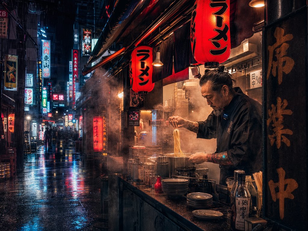 Rainy Tokyo Ramen Alley のQwen Imageプロンプト例: Generates a cinematic photorealistic rainy Tokyo ramen alley with neon reflections, steam, lanterns, and a chef cooking noodles.