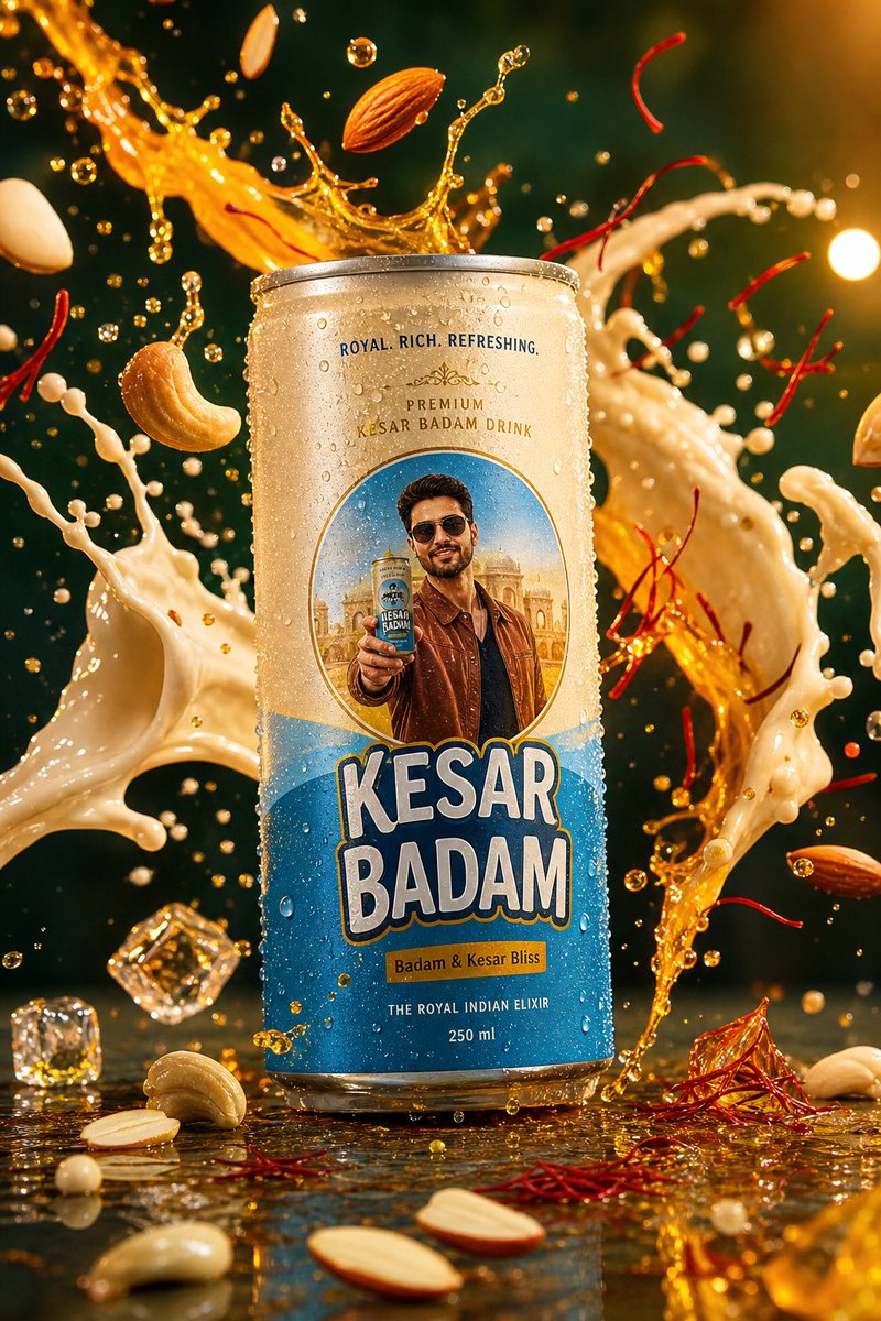 Kesar Badam Beverage Photography 的 GPT Image 2 提示词示例图：A high-end commercial product photography prompt for a premium beverage can featuring dynamic milk and saffron splashes.
