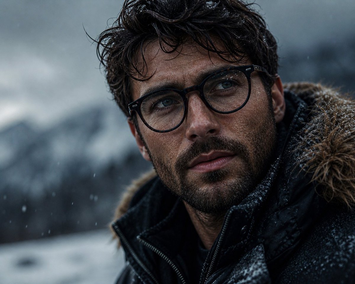 Cinematic Winter Portrait のQwen Imageプロンプト例 バリエーション 2: A highly detailed prompt for generating an ultra-realistic cinematic portrait of a rugged man in a winter setting with...