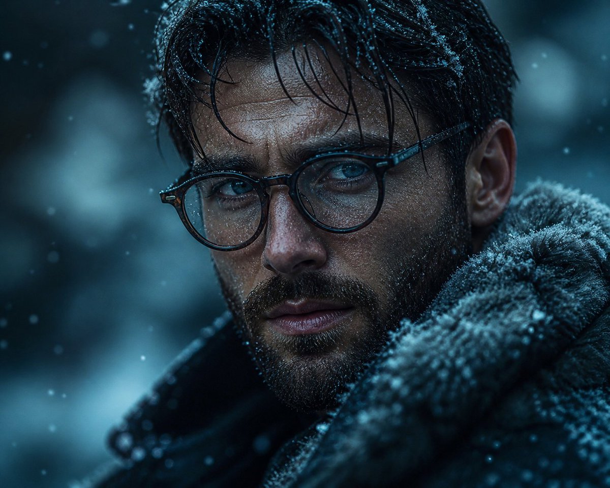 Cinematic Winter Portrait のQwen Imageプロンプト例: A highly detailed prompt for generating an ultra-realistic cinematic portrait of a rugged man in a winter setting with dramatic...