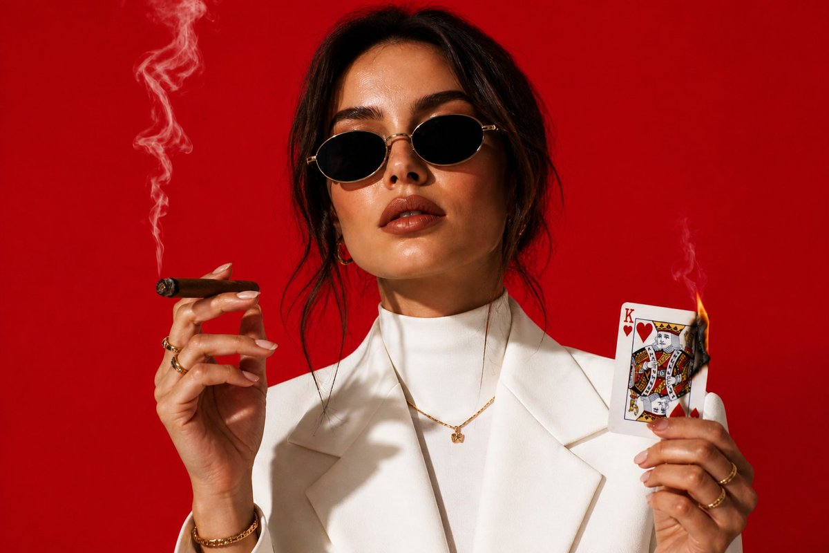 High-Fashion Cigar Portrait Qwen Image 프롬프트 예시: A cinematic high-fashion portrait prompt featuring a stylish woman with a cigar and a burning King of Hearts card.