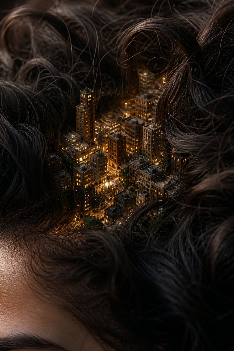 Miniature City Tiny Worlds Qwen Image prompt example: A macro photography prompt creating a realistic miniature city built within human hair, featuring high detail and natural...