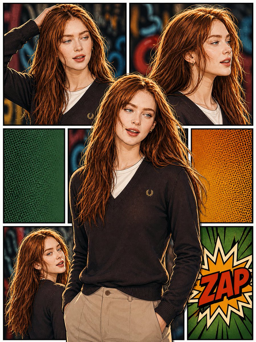 3D Pop-Art Comic Grid Qwen Image 프롬프트 예시 변형 3: A complex layout prompt for creating a 6-panel comic grid in a semi-realistic 3D pop-art style with facial consistency.