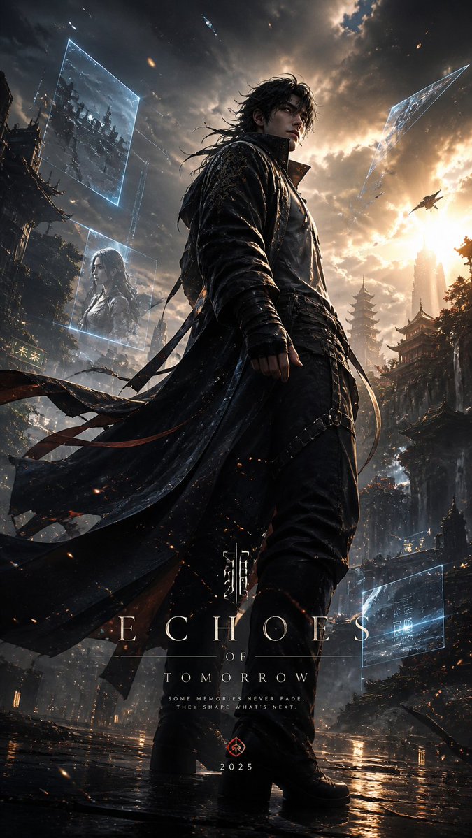 Cinematic Character Poster with Layered Depth のQwen Imageプロンプト例: A prompt designed to create high-end movie posters featuring a strong sense of spatial depth and cinematic...