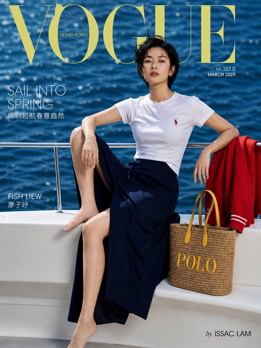 Vogue Hong Kong Yacht Editorial Qwen Image 프롬프트 예시: An elegant fashion photography prompt for a magazine cover featuring a model on a luxury yacht with a fresh spring vibe.