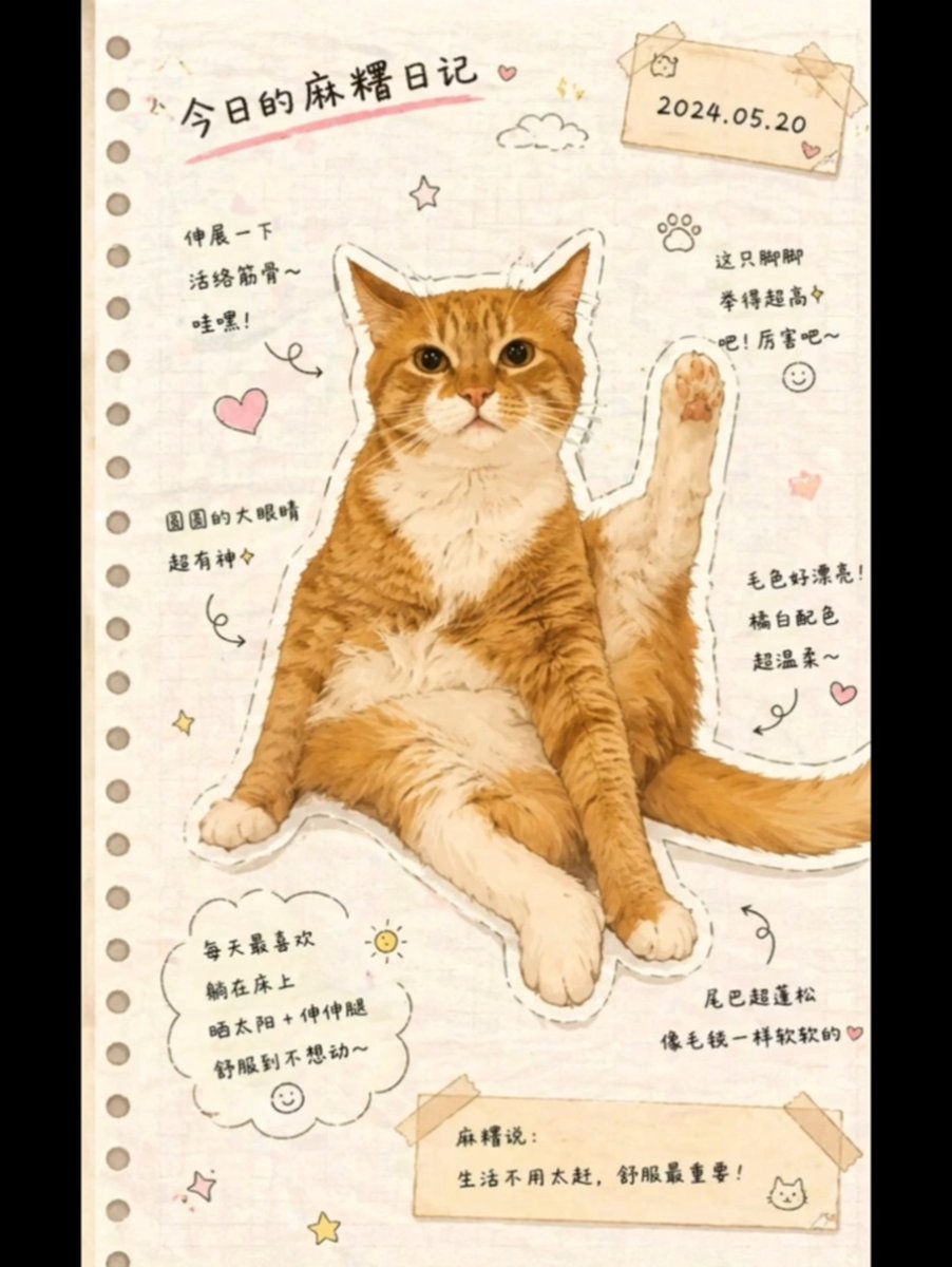 Japanese Journal Style Cat Diary のQwen Imageプロンプト例 バリエーション 2: A prompt that transforms a pet photo into a cute, hand-drawn Japanese journal-style illustration with stickers,...