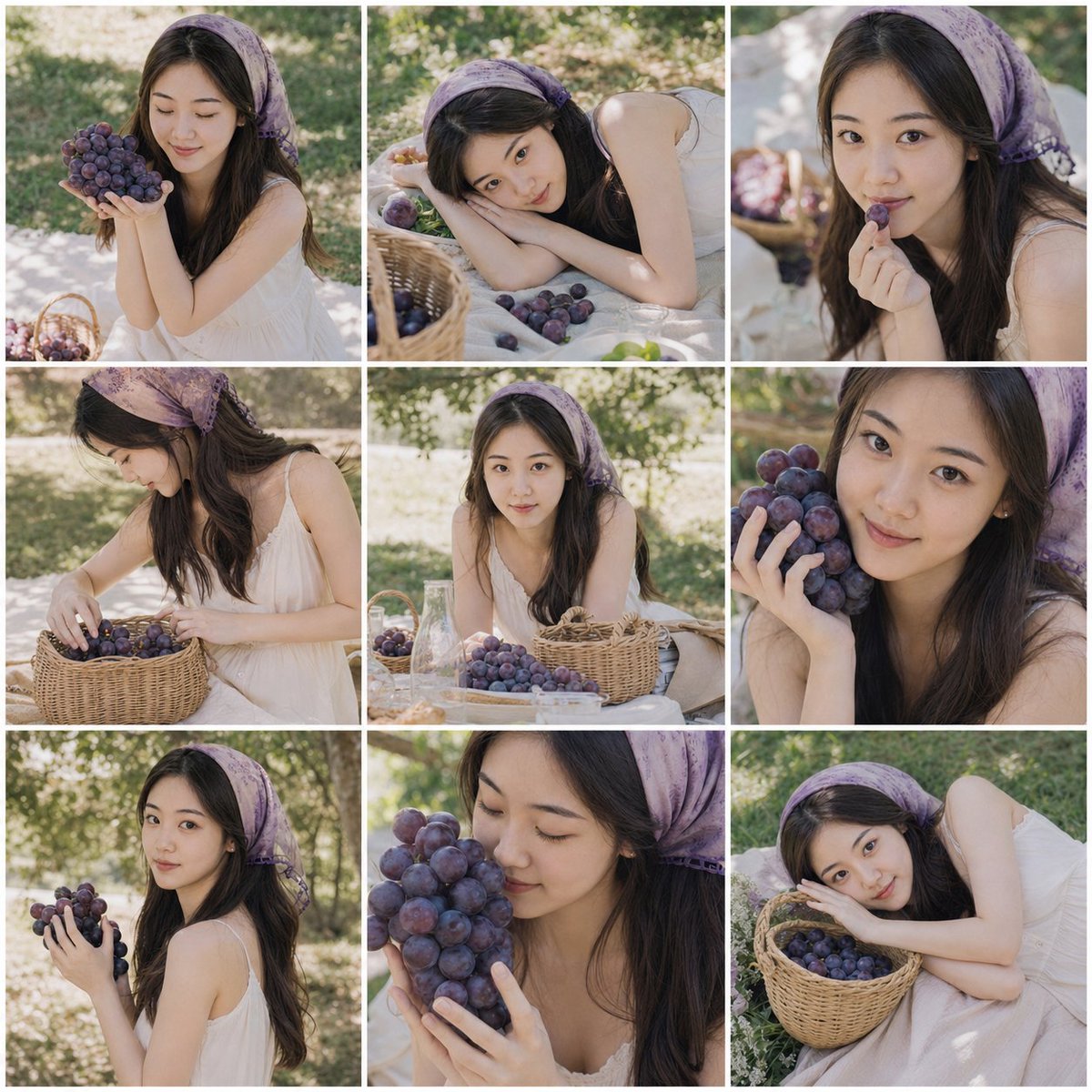 Summer Grape Girl 3x3 Grid Portrait Qwen Image prompt example: A comprehensive prompt for creating a 3x3 photo grid of a summer-themed 'Grape Girl' with specific instructions for...