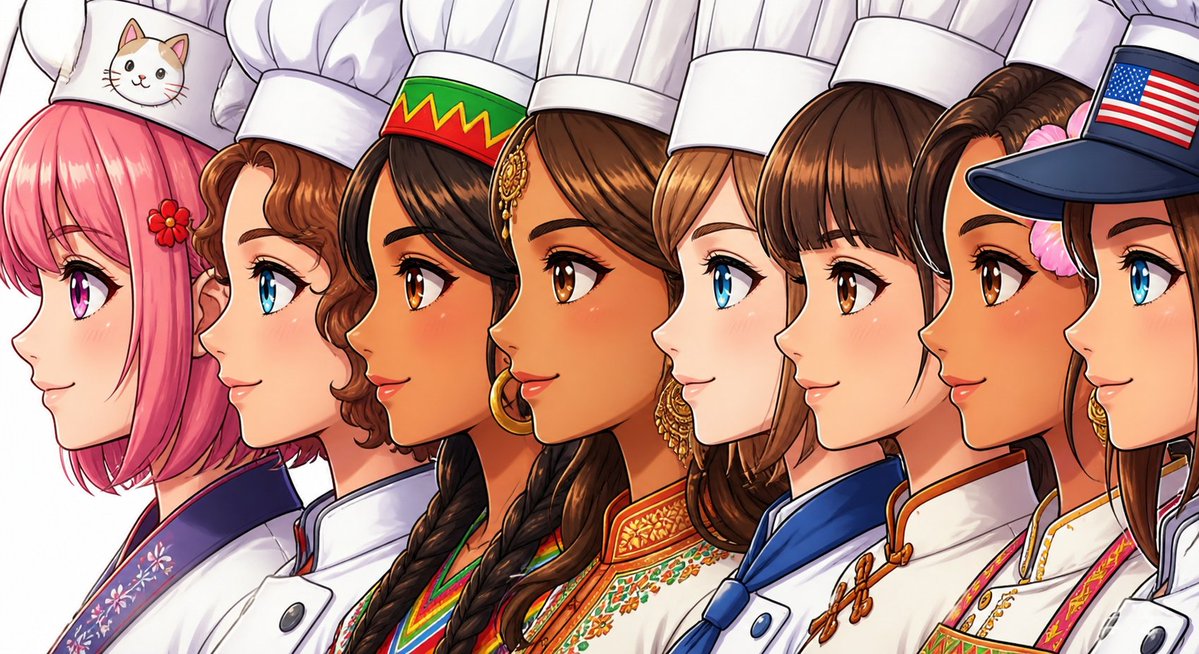 Side-by-Side Girl Profile closeup GPT Image 2 prompt example: A prompt to generate a row of faces in profile based on a reference character, showing consistent closeups.