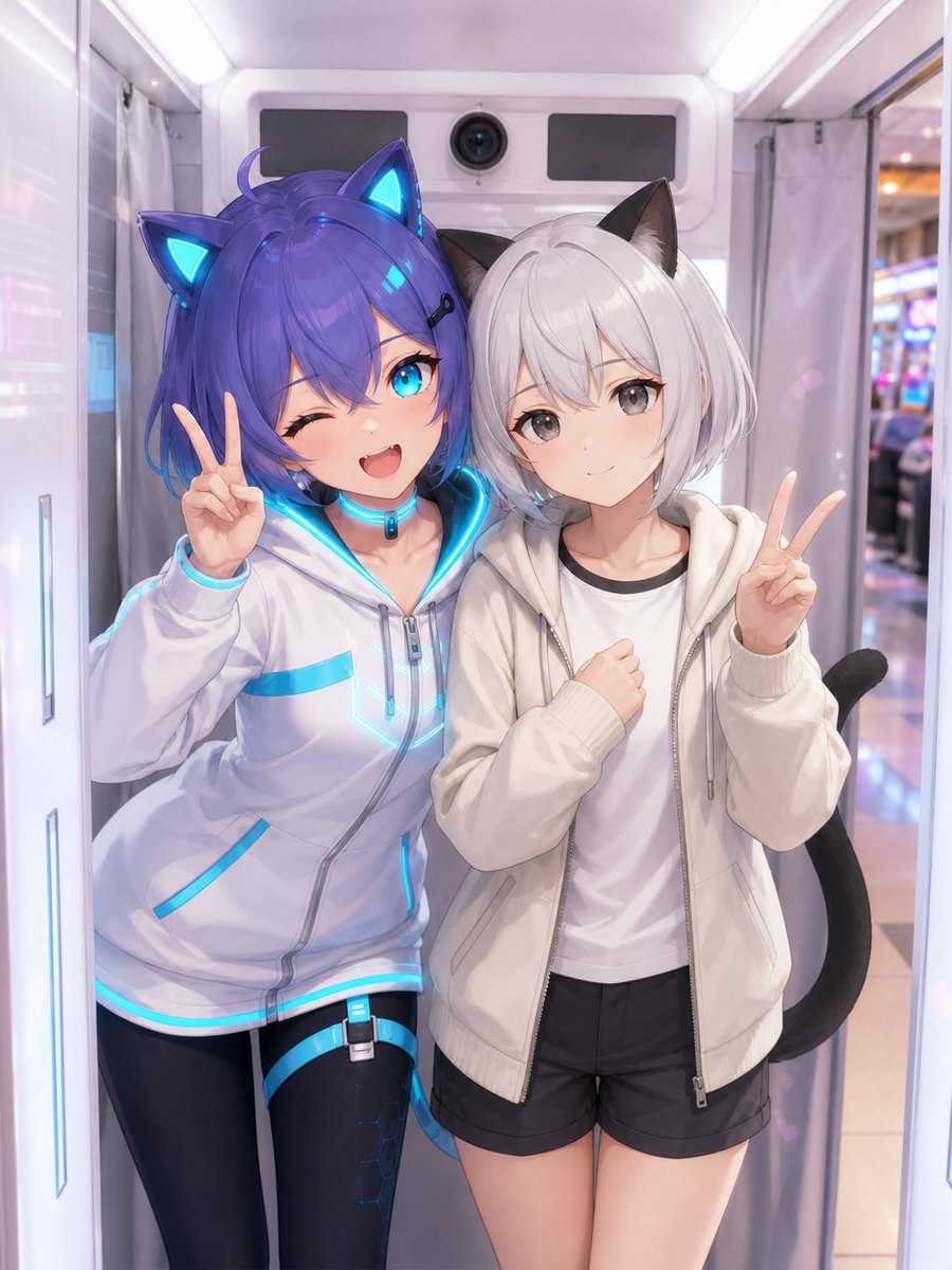 Anime Characters in Real Purikura Booth Qwen Image 프롬프트 예시: A prompt that blends 3D anime characters with a realistic photography setting, specifically designed for a purikura...