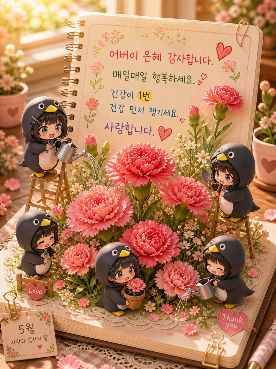 3D Pop-up Parents Day Card Qwen Image 프롬프트 예시: A heartwarming prompt for creating a 3D pop-up diary scene featuring flowers and miniature characters, perfect for a digital...