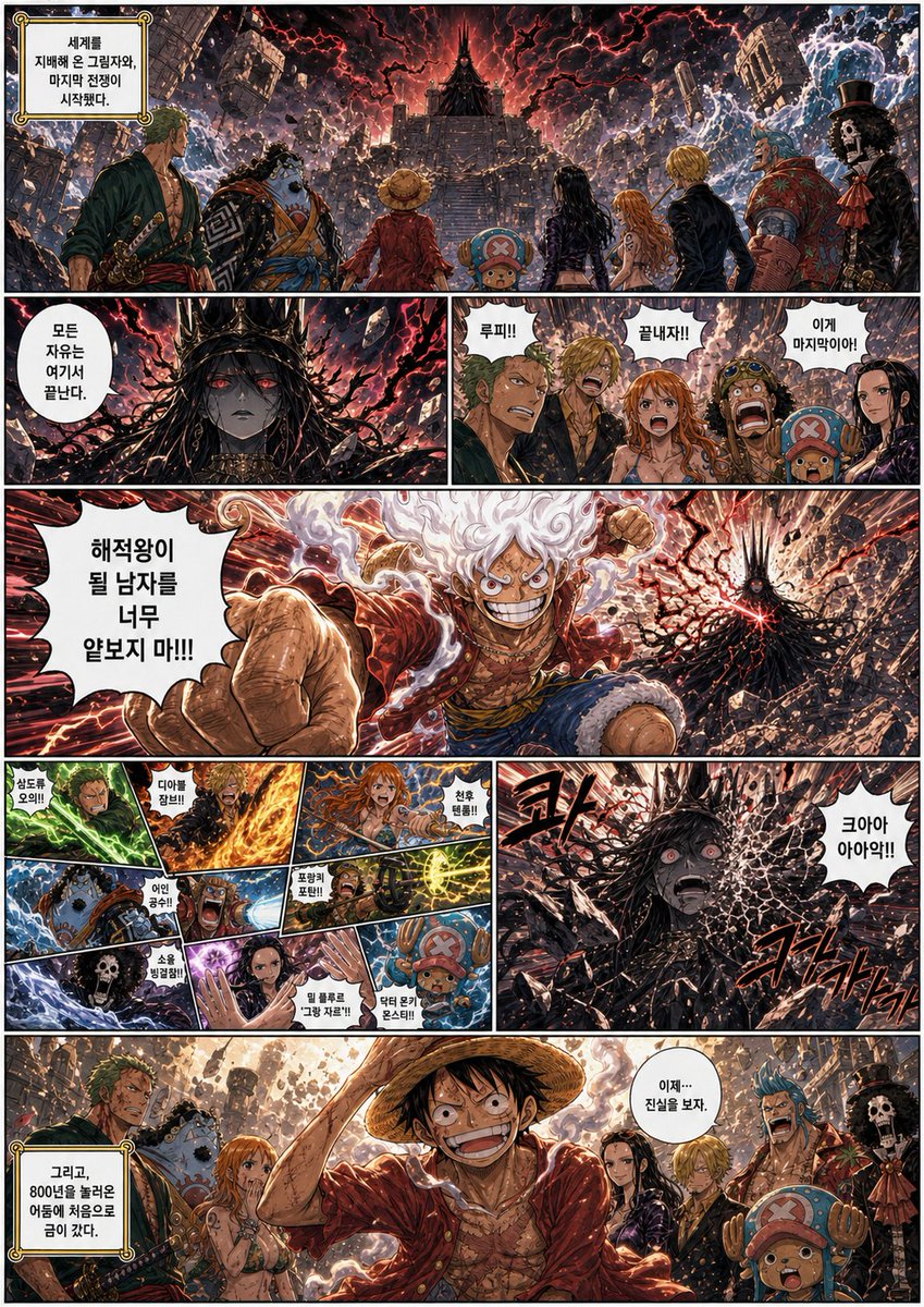 One Piece Final Battle Manga Page 的 Qwen Image 提示词示例图：A prompt for generating a multi-panel manga page depicting a hypothetical final confrontation between a main character and...