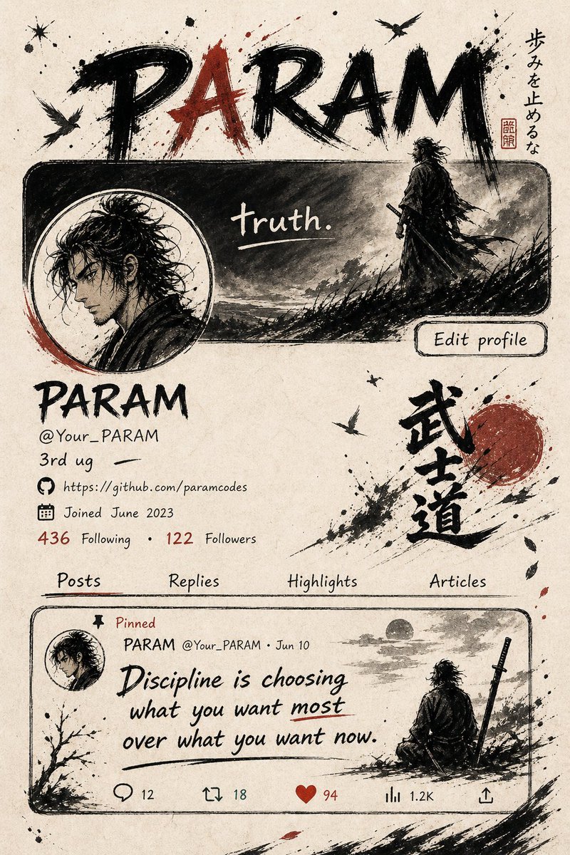 Samurai Ink Social Profile のQwen Imageプロンプト例: Generates a parchment-style hand-drawn social media profile mockup with Vagabond-inspired samurai artwork, calligraphy, and...