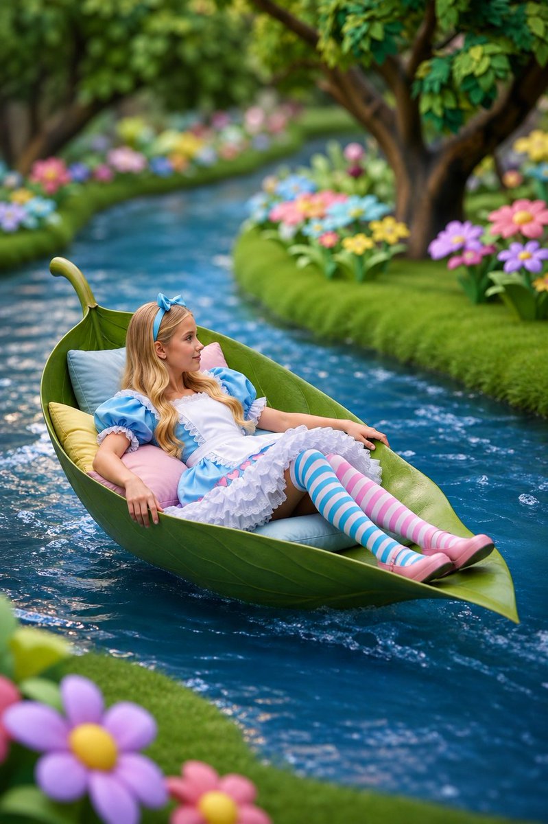 Alice-Inspired Leaf Boat Fantasy のQwen Imageプロンプト例: Generates a whimsical storybook garden scene of an Alice-inspired girl drifting down a stream in a giant leaf boat.