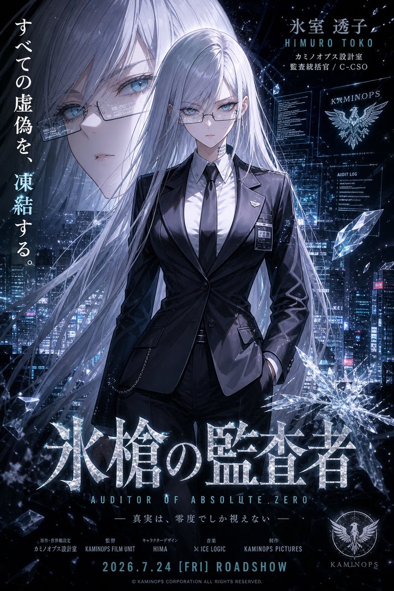 Ice Auditor Cyberpunk Movie Poster のQwen Imageプロンプト例: Generates a dramatic anime sci-fi theatrical poster featuring an icy silver-haired auditor in a cyberpunk city with Japanese...