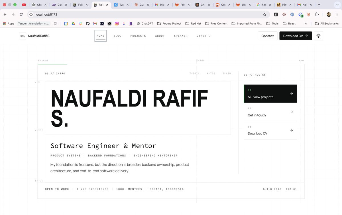 Minimal Developer Portfolio Homepage GPT Image 2 prompt example: Generates a clean grid-based personal website homepage mockup for a software engineer portfolio design system.