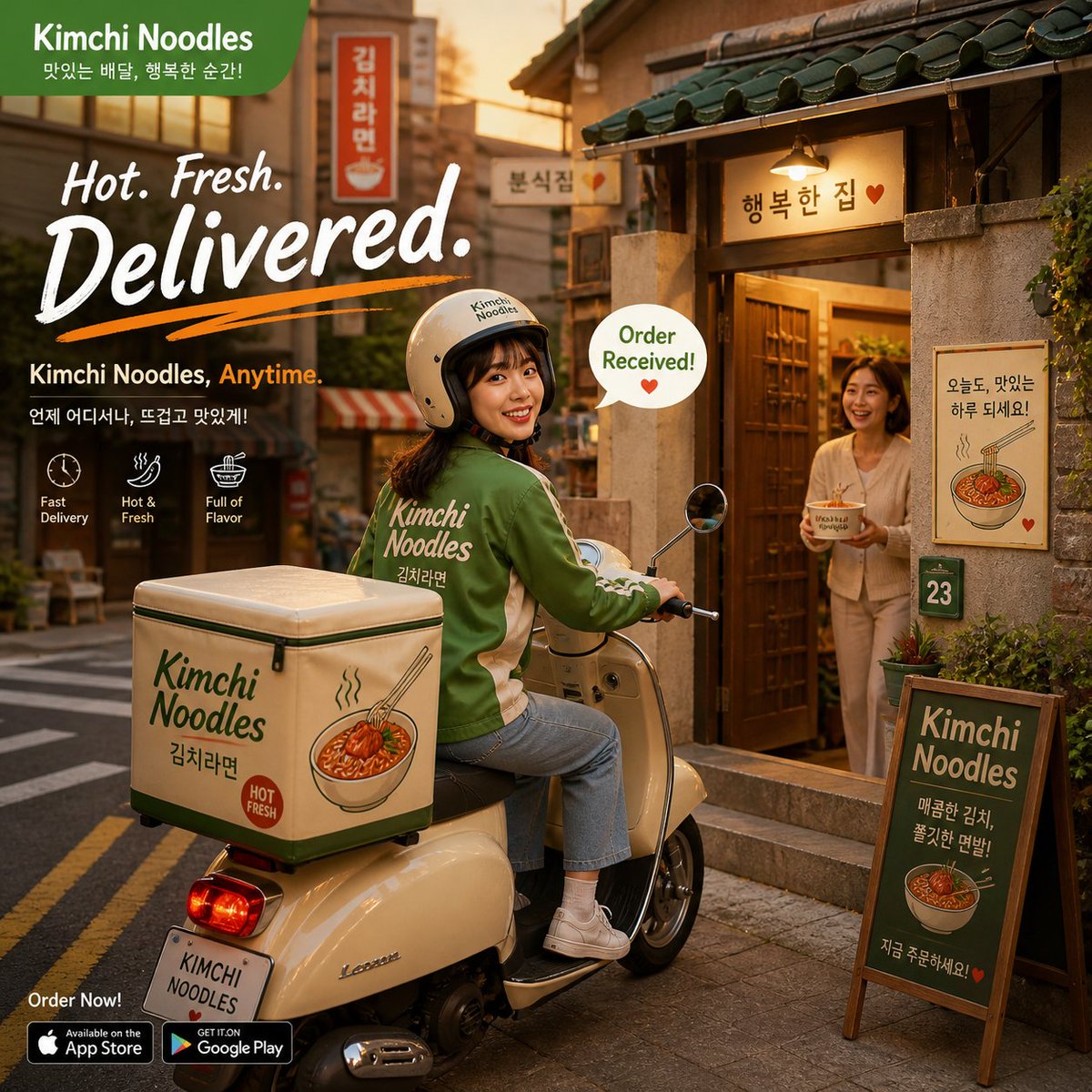 Warm Kimchi Noodles Delivery Ad Qwen Image prompt example: Generates a cozy cinematic Korean kimchi noodles delivery poster for social media food delivery advertising.