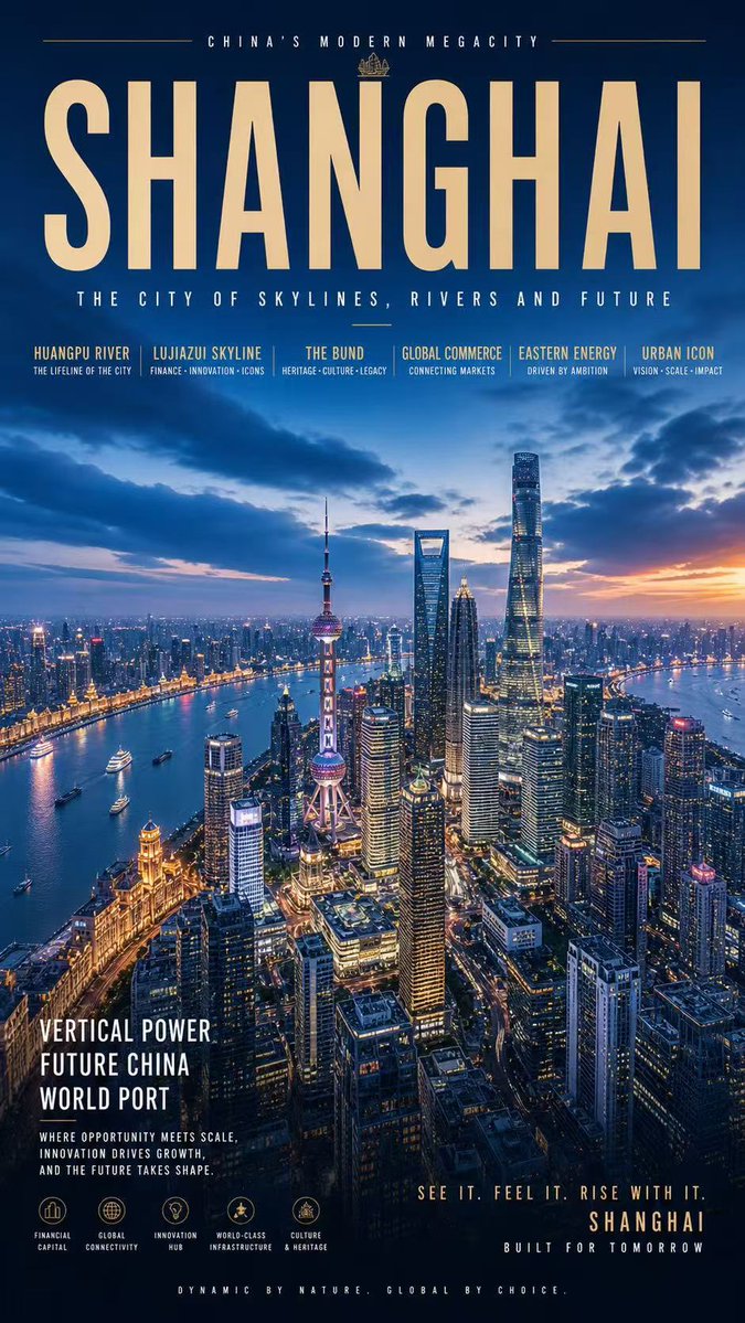 Shanghai Megacity Night Poster Qwen Image prompt example: Generates a premium vertical tourism-style poster featuring Shanghai’s illuminated skyline, Huangpu River, bold...