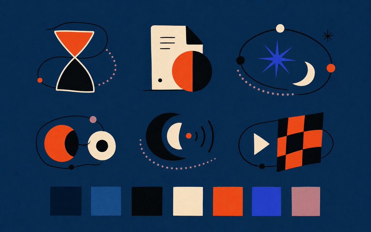 Abstract Vector Icon Asset Board Qwen Image prompt example: Generates a Bauhaus-inspired geometric icon style board with six abstract frontend asset motifs and a seven-color...