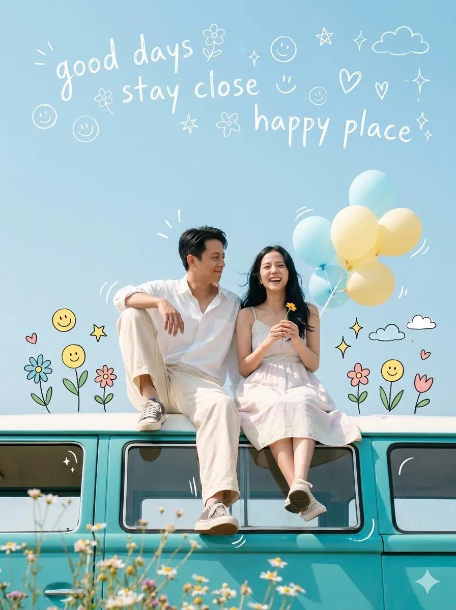 Dreamy Couple on Turquoise Van GPT Image 2 prompt example variation 2: Generates a pastel cinematic lifestyle photo of a young couple on a vintage van roof with balloons,...