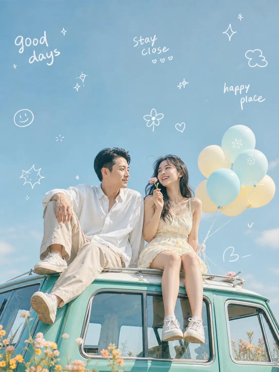 Dreamy Couple on Turquoise Van GPT Image 2 prompt example: Generates a pastel cinematic lifestyle photo of a young couple on a vintage van roof with balloons, wildflowers, and...