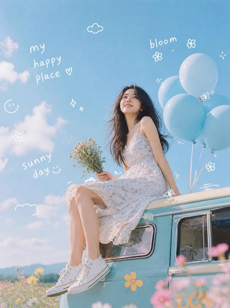 Dreamy Van Rooftop Flower Field Portrait Qwen Image prompt example: Generates a dreamy cinematic lifestyle portrait of a young woman on a turquoise vintage van with balloons,...