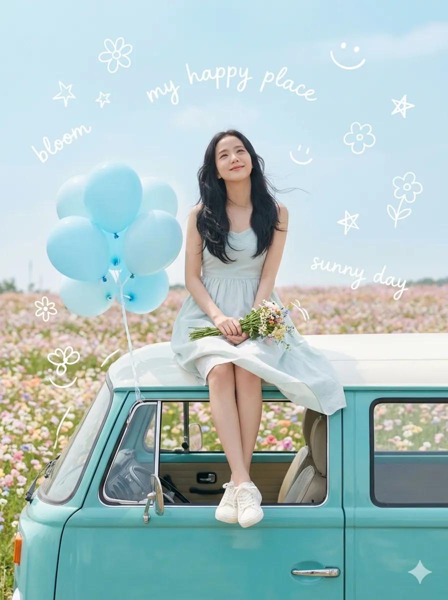 Dreamy Van Rooftop Flower Field GPT Image 2 prompt example: Generates a whimsical pastel lifestyle photo of a young woman on a turquoise vintage van with balloons, wildflowers,...