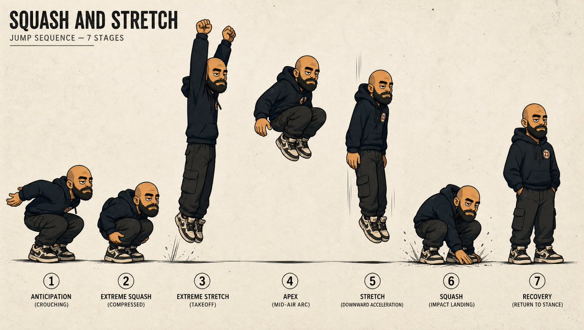 Squash and Stretch Jump Sheet Qwen Image 프롬프트 예시: Generates a seven-stage animation movement sheet from a character reference for studying jump timing, squash, stretch, and...