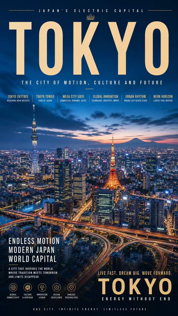Tokyo Electric Capital Poster Qwen Image 프롬프트 예시: Generates a premium vertical city poster with cinematic skyline photography, luxury travel typography, feature labels, and...