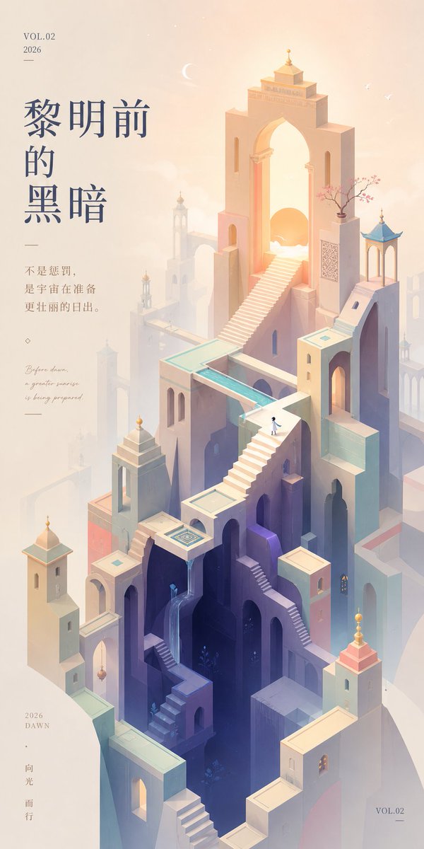 Monument Valley Dawn Quote Wallpaper Qwen Image prompt example: A vertical healing-style inspirational wallpaper featuring impossible pastel architecture, dawn light, and elegant...