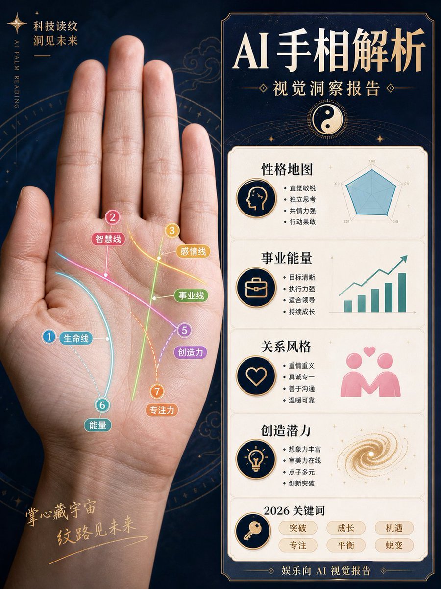 AI Palm Reading Report Poster Qwen Image 프롬프트 예시: Generates a Chinese editorial-style AI palm analysis infographic with a realistic hand, seven labeled palm lines, and five...