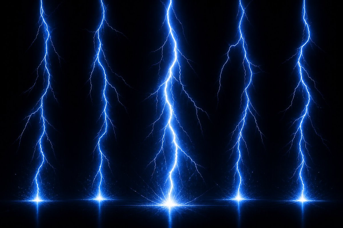 Electric Blue Lightning Strike VFX GPT Image 2 prompt example: Generates a black-background lightning effect asset with five glowing blue strike columns for game, video, or...