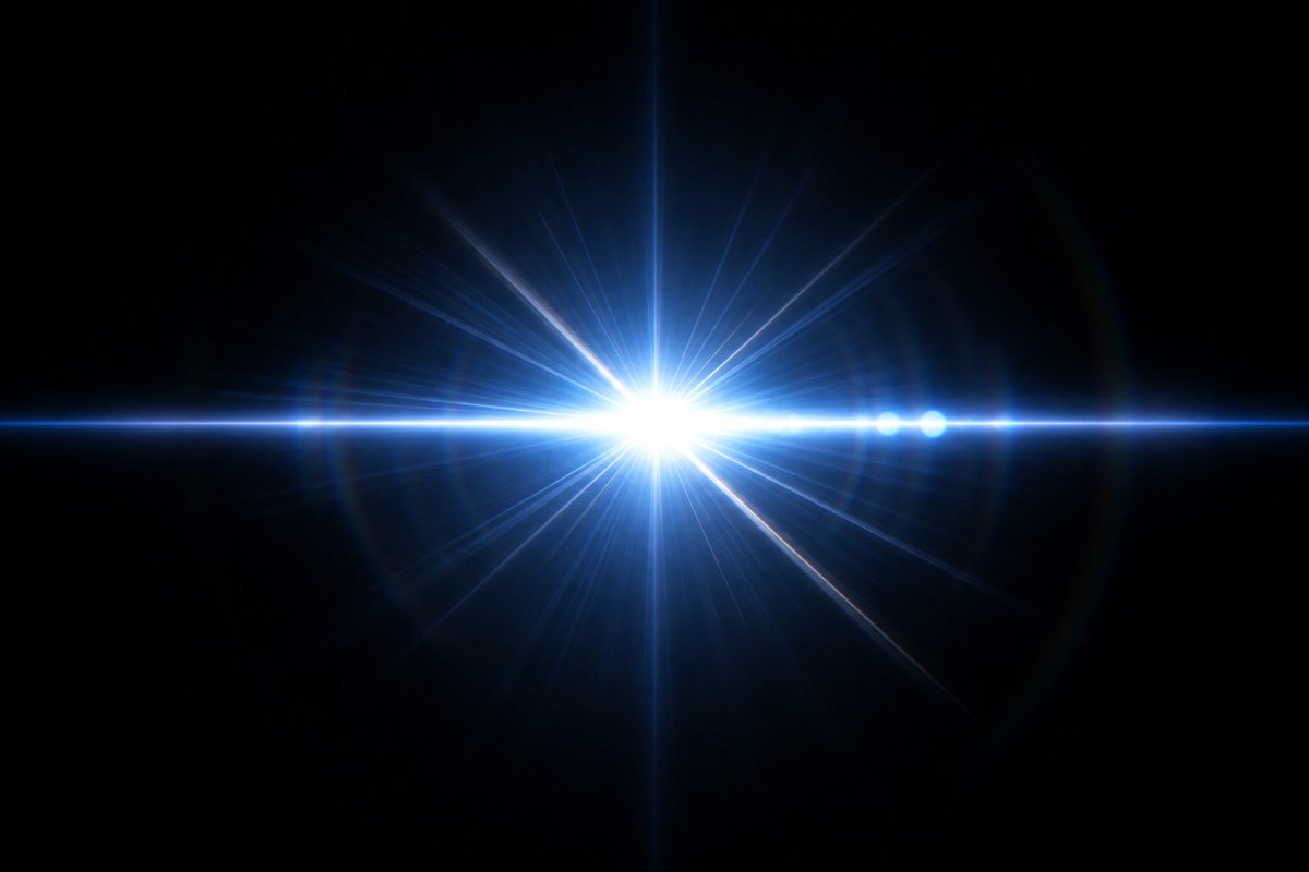 Electric Blue Lens Flare VFX Qwen Image 프롬프트 예시: Generates a cinematic blue-white starburst lens flare effect asset on a black background for compositing, games, or motion...