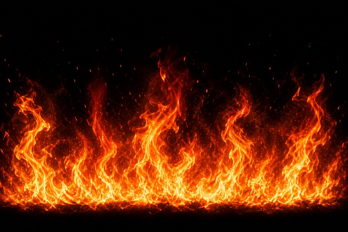 Cinematic Fire Effect Asset 的 GPT Image 2 提示词示例图:Generates a realistic horizontal wall of flames with embers on a black background for VFX, game, or compositing use.
