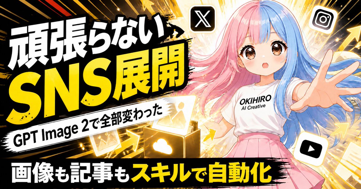 Japanese SNS Automation Thumbnail GPT Image 2 prompt example: Generates a bold Japanese promotional thumbnail about GPT Image 2, SNS expansion, and AI-powered content automation.