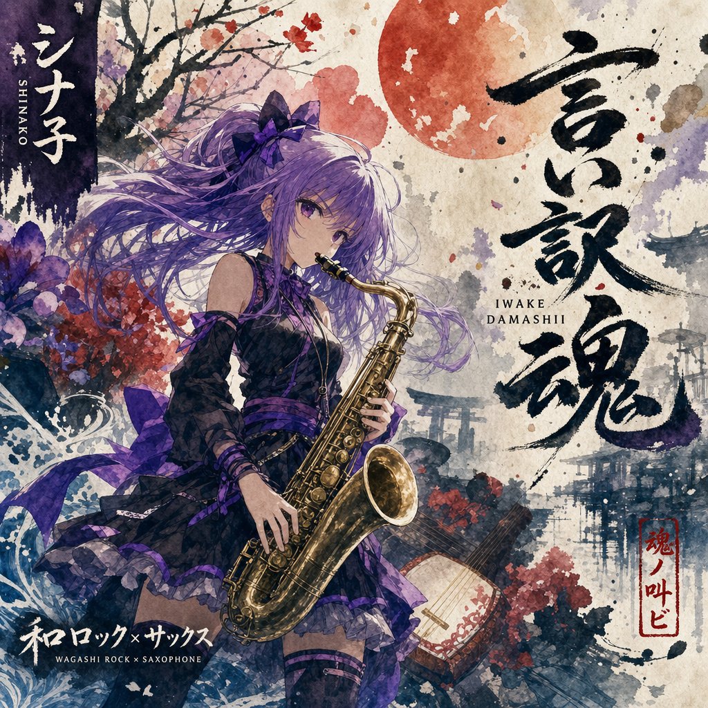 Japanese Rock Saxophone Album Cover のQwen Imageプロンプト例: Generates a square anime CD jacket with a purple-haired saxophonist, sumi-e watercolor scenery, and Japanese rock album...