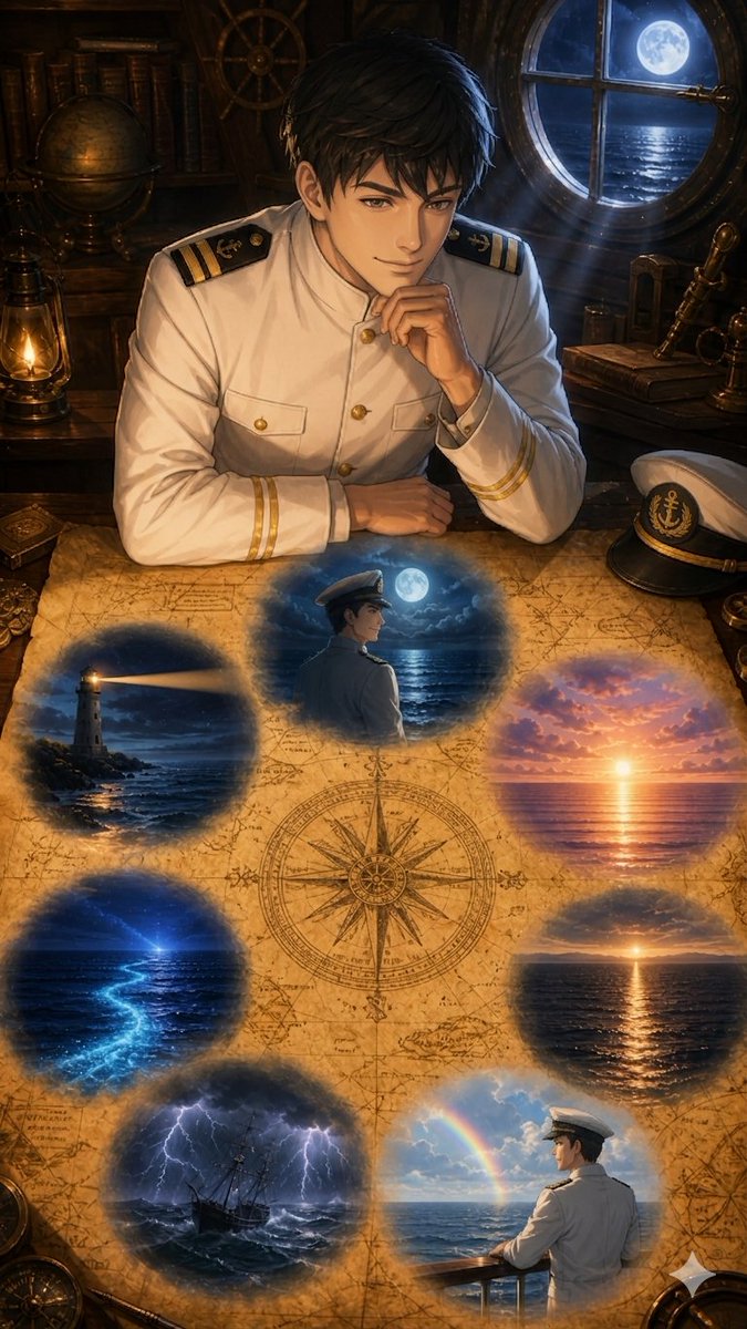 Moonlit Naval Officer Map Visions Qwen Image prompt example: Generates a cinematic anime-style naval officer in an antique captain's cabin with seven glowing seascape memories...