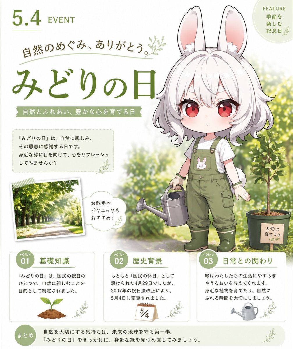 Greenery Day Chibi Infographic のQwen Imageプロンプト例: Generates a cute Japanese Greenery Day educational poster with a rabbit-eared chibi gardener, nature-themed text boxes, and...