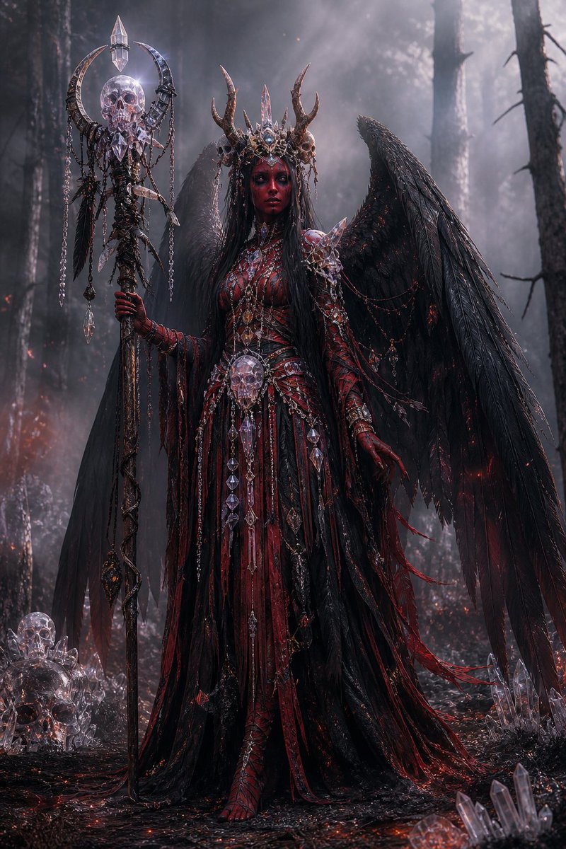 Gothic Fallen Angel Queen 的 Qwen Image 提示词示例图:Generates a cinematic dark fantasy portrait of an ornate winged necromancer queen in a burned forest, useful for gothic character...