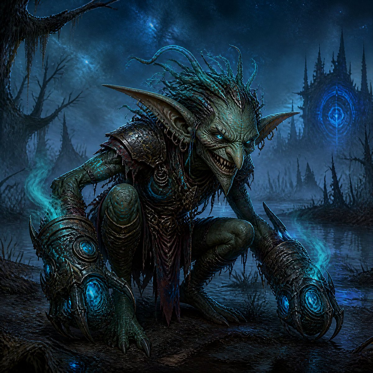Dark Goblin Shaman in Haunted Swamp のQwen Imageプロンプト例: Generates a cinematic dark fantasy goblin creature crouching in a misty magical swamp, ideal for creature concept art or...