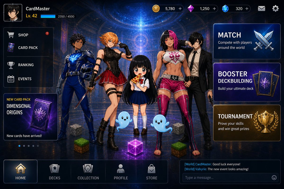 Anime Card Game Lobby UI のQwen Imageプロンプト例: Generates a detailed fantasy anime collectible card game home screen with characters, currencies, navigation, action panels, promo...