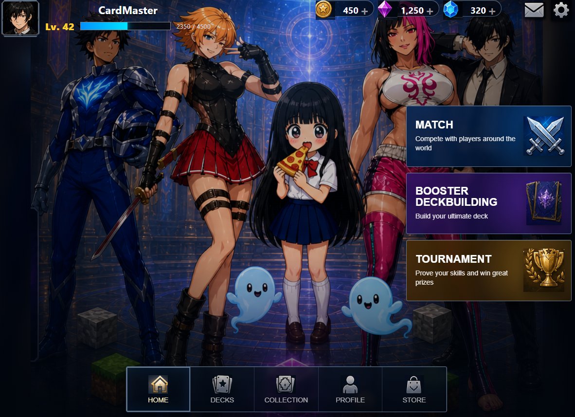 Anime Card Game Lobby UI のQwen Imageプロンプト例 バリエーション 2: Generates a detailed fantasy anime collectible card game home screen with characters, currencies, navigation, action panels,...