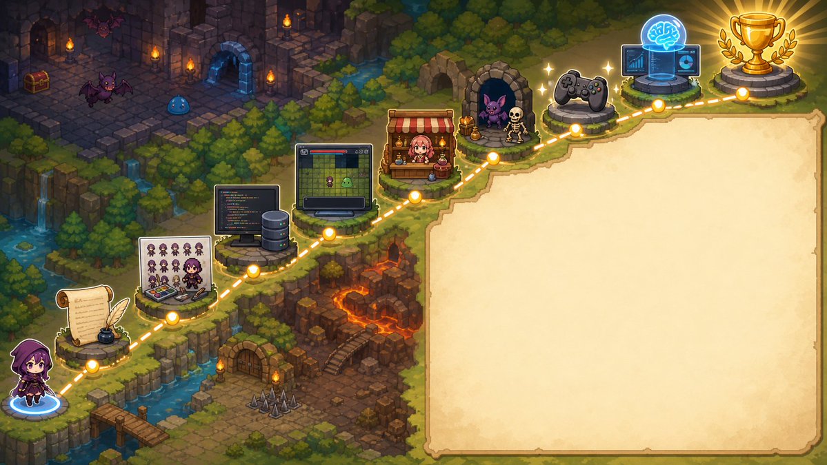 Pixel Art Game Development Roadmap のQwen Imageプロンプト例: Generates a wide isometric pixel-art fantasy roadmap scene with 10 connected development milestones and a large blank...