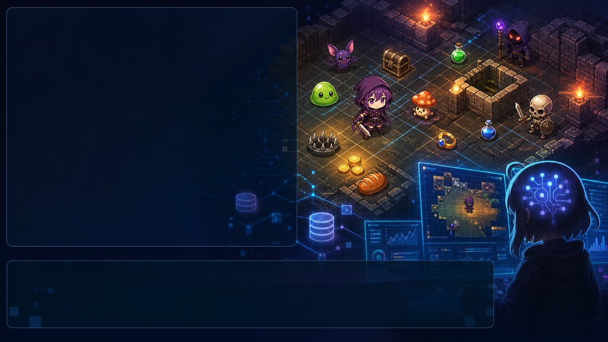 AI Fantasy Dungeon UI Header のQwen Imageプロンプト例: Generates a widescreen cyber-fantasy illustration with blank UI panels and an isometric RPG dungeon scene, useful for social...