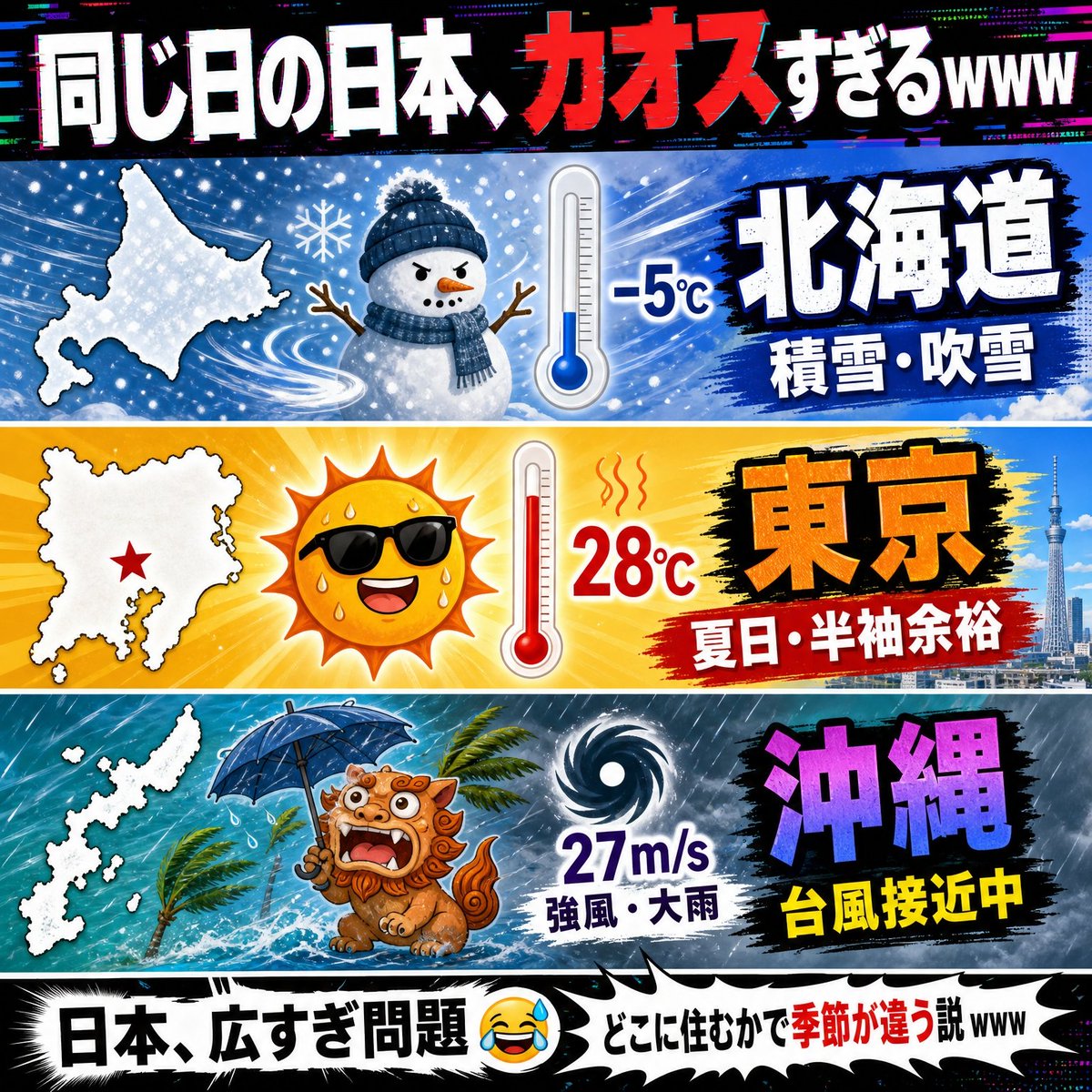 Chaotic Japan Weather Meme Qwen Image 프롬프트 예시: Generates a bold Japanese meme infographic showing three regional weather extremes on the same day, suitable for viral social posts...