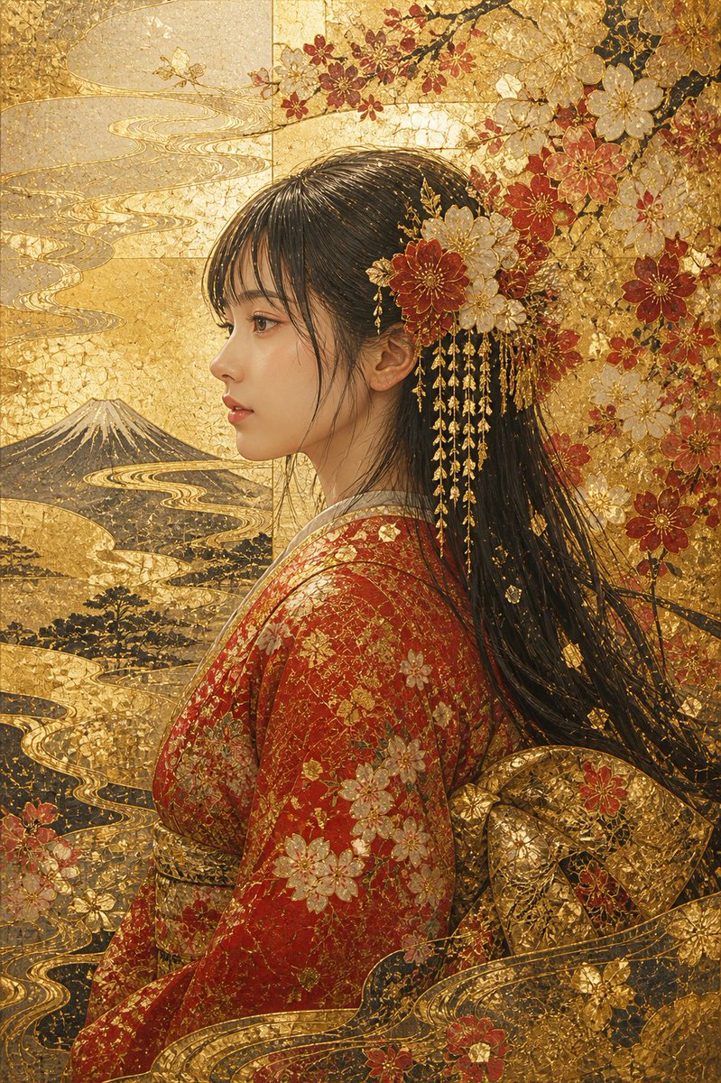 Kirikane Gold Kimono Portrait のQwen Imageプロンプト例: Generates an ornate Japanese gold-leaf portrait of a woman in a floral kimono, useful for decorative traditional art and luxury...