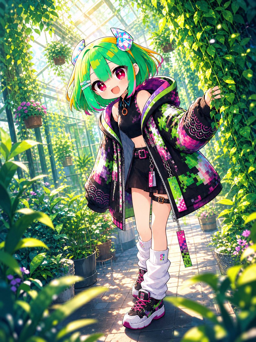 Greenhouse Cyber Streetwear Anime Girl のQwen Imageプロンプト例: Generates a luminous anime full-body fashion illustration of a neon green cyber-streetwear girl posing in a lush...