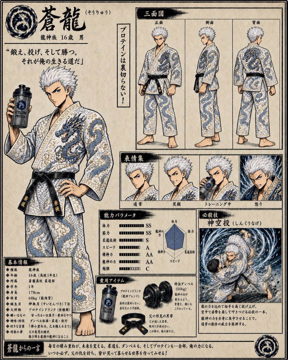 Fantasy Judo Anime Character Sheet のQwen Imageプロンプト例: Generates a dense Japanese manga-style reference sheet for a dragon-themed teenage judo character with poses, expressions,...